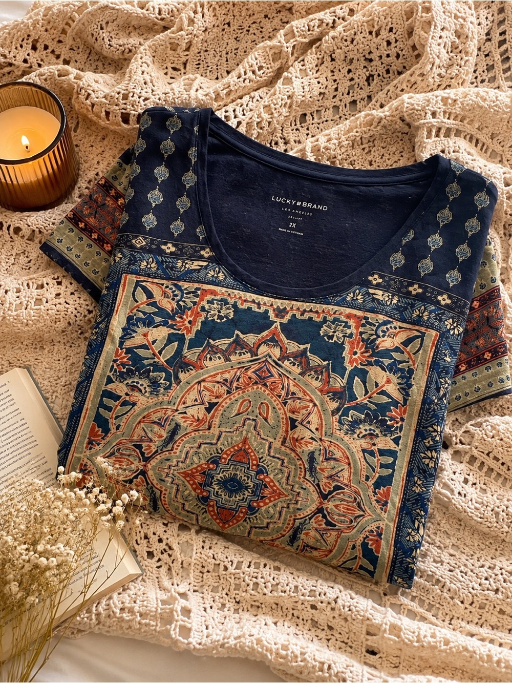 Lucky Brand ☘️ 2X Boho Medallion Print Short Sleeve Tee Navy